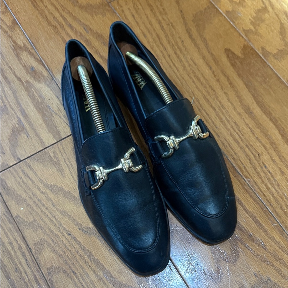 Zara Black Loafers with Gold Detailing